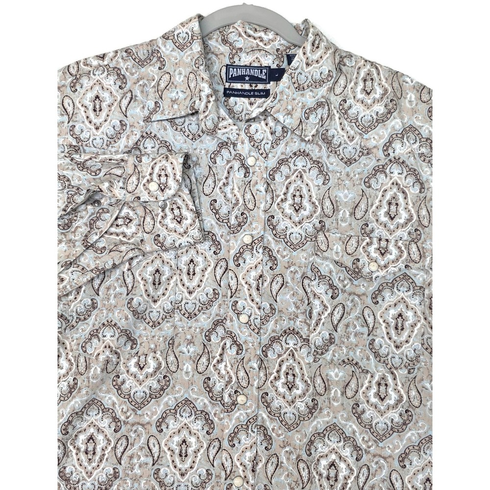 Panhandle Slim Shirt Mens Large Beige Paisley Long Sleeve Snap Front Western
